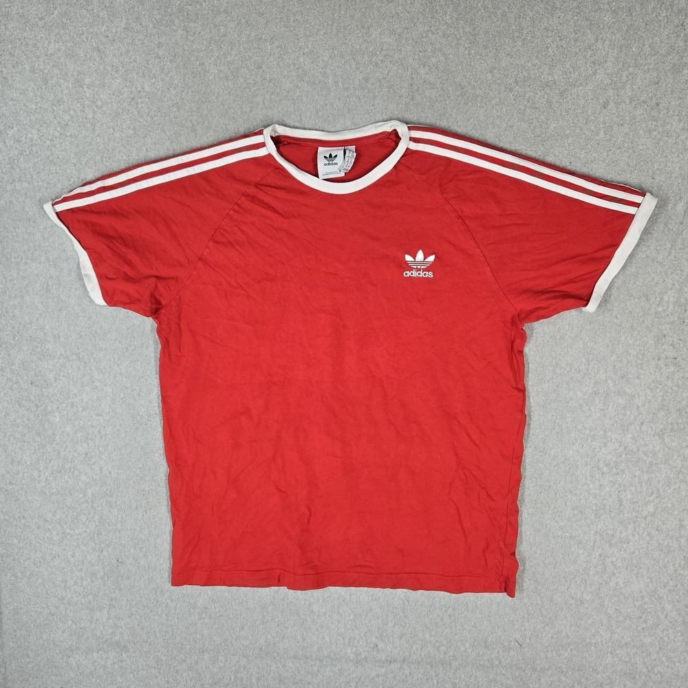 Adidas Men Shirt XL Red Embroidered Trefoil Logo Activewear Short Sleeve Ringer